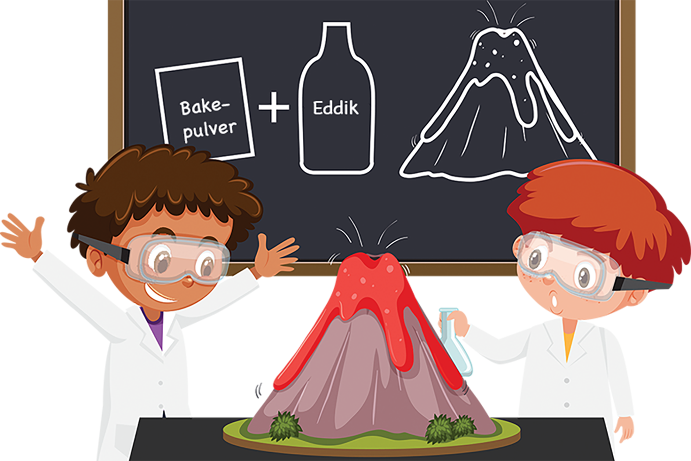 To barn i verneutstyr står rundt en liten vulkan med rød lava som renner ut. I bakgrunnen er det en tavle hvor det er skrevet bakepulver pluss eddik og en tenging av samme vulkan som barna står rundt. Grafikk