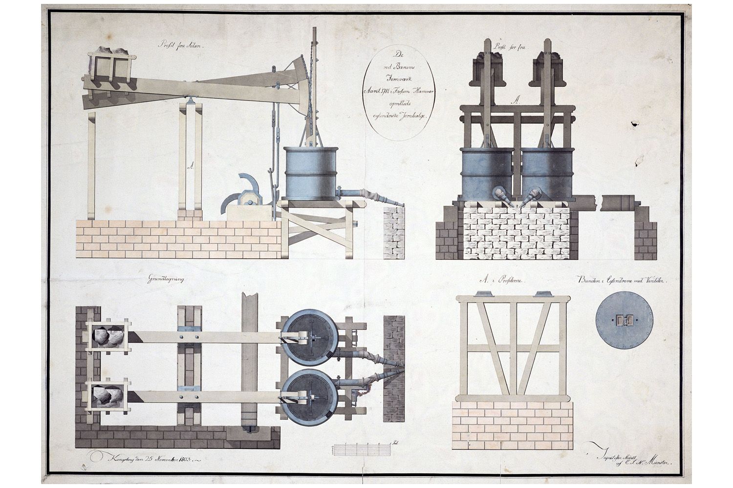 Tegning av modell fra Bergseminaret, 1804, fra Riksarkivet